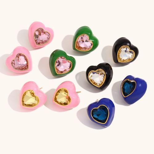 Stainless Steel Stud Earrings 316L Stainless Steel Heart 18K gold plated for woman & enamel & with rhinestone Sold By Pair
