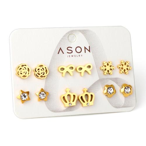 Stainless Steel Stud Earrings 304 Stainless Steel Vacuum Ion Plating 6 pieces & for woman & with rhinestone golden Sold By Set