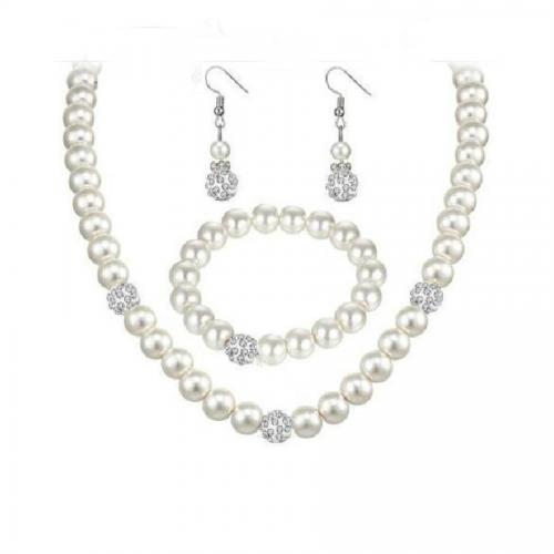 Parures de bijoux, Bracelet & boucle d'oreille & collier, perle de plastique, trois pièces & pour femme & avec strass, blanc, necklace 43cm, Bracelet 19.2cm, earring 4cm, Vendu par fixé