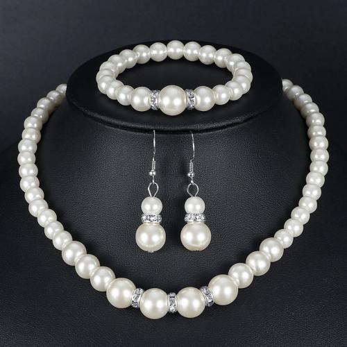 Parures de bijoux, Bracelet & boucle d'oreille & collier, perle de plastique, trois pièces & pour femme & avec strass, necklace 43cm, Bracelet 19.2cm, earring 4cm, Vendu par fixé