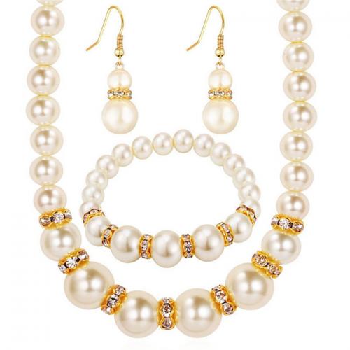 Jewelry Sets, bracelet & earring & necklace, ABS Plastic Pearl, three pieces & for woman & with rhinestone, more colors for choice, necklace 43cm, Bracelet 19.2cm, earring 4.2cm, Sold By Set