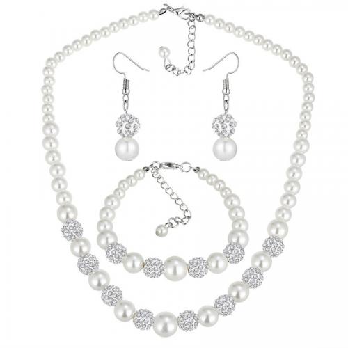 Jewelry Sets, bracelet & earring & necklace, Plastic Pearl, three pieces & for woman & with rhinestone, necklace 43cm, Bracelet 19.2cm, earring 3.8cm, Sold By Set
