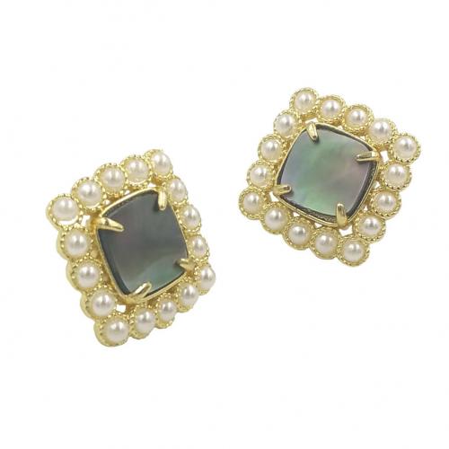 Brass Stud Earring, with Shell & Plastic Pearl, Square, gold color plated, fashion jewelry & for woman, more colors for choice, nickel, lead & cadmium free, 16.50x16.50mm, Sold By Pair