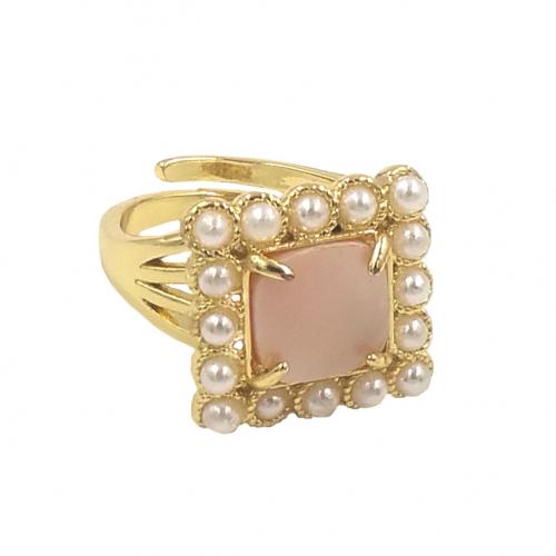 Brass Finger Ring, with Shell & Plastic Pearl, Square, gold color plated, Adjustable & fashion jewelry & for woman, more colors for choice, nickel, lead & cadmium free, 16.50x16.50mm, US Ring Size:7, Sold By PC