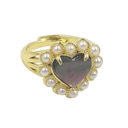 Brass Finger Ring with Shell & Plastic Pearl Heart gold color plated Adjustable & fashion jewelry & for woman nickel lead & cadmium free US Ring Sold By PC