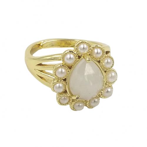 Brass Finger Ring with Natural Stone & Plastic Pearl Teardrop gold color plated Adjustable & fashion jewelry & for woman nickel lead & cadmium free US Ring Sold By PC