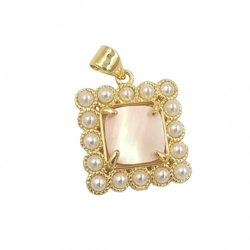 Brass Jewelry Pendants with Shell & Plastic Pearl Square gold color plated DIY nickel lead & cadmium free Sold By PC