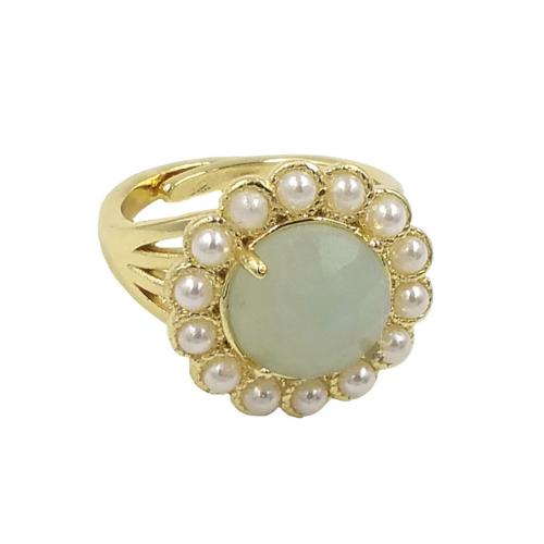 Messing Fingerring, mit Naturstein & Kunststoff Perlen, goldfarben plattiert, Einstellbar & Modeschmuck & für Frau, keine, frei von Nickel, Blei & Kadmium, 18x18mm, Größe:7, verkauft von PC