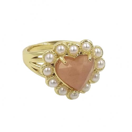 Brass Finger Ring, with Natural Stone & Plastic Pearl, Heart, gold color plated, Adjustable & fashion jewelry & for woman, more colors for choice, nickel, lead & cadmium free, 16x17mm, US Ring Size:7, Sold By PC