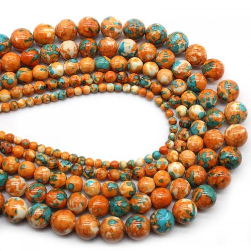 Regen Blumen Stein Perlen, rund, poliert, DIY & verschiedene Größen vorhanden, orange, verkauft per ca. 38 cm Strang