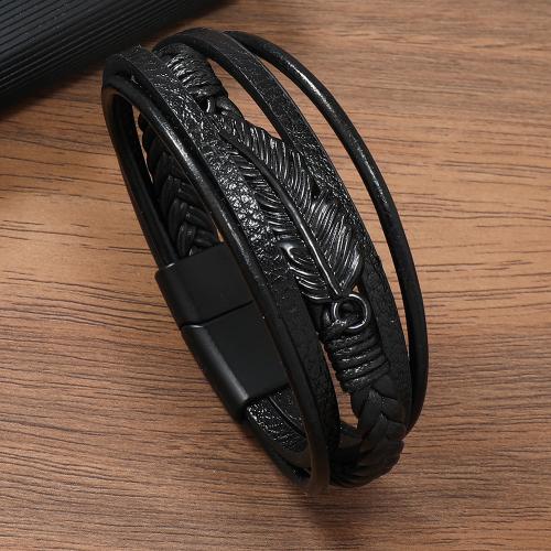 PU Leather Cord Bracelets with Zinc Alloy Leaf plumbum black color plated vintage & for man Length 21.5 cm Sold By PC