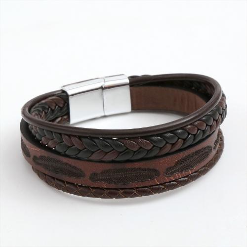 PU Leather Cord Bracelets, with Tibetan Style, silver color plated, vintage & for man, more colors for choice, Length:21 cm, Sold By PC