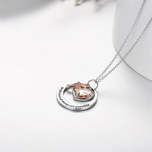 Titanium Steel Necklace Heart silver color plated for woman & with rhinestone Sold By PC