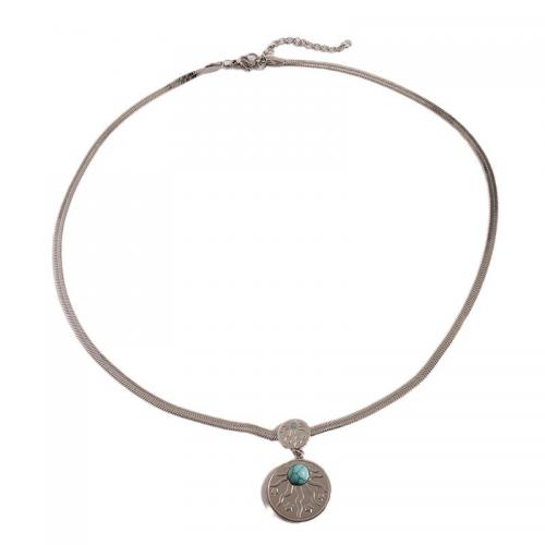 Edelstahl Schmuck Halskette, 304 Edelstahl, mit Türkis, mit Verlängerungskettchen von 5cm, rund, plattiert, für Frau, Silberfarbe, Länge:45 cm, verkauft von PC
