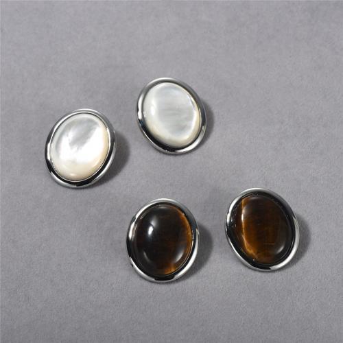Brass Stud Earring with Tiger Eye & White Shell platinum plated fashion jewelry & for woman nickel lead & cadmium free Sold By Pair