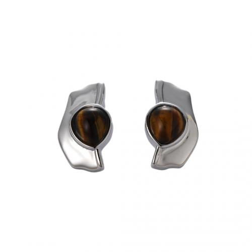 Brass Stud Earring with Tiger Eye 18K gold plated fashion jewelry & for woman nickel lead & cadmium free Sold By Pair