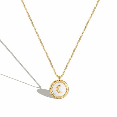 Titanium Steel Necklace with White Shell with 5cm extender chain Flat Round Vacuum Ion Plating fashion jewelry & for woman white nickel lead & cadmium free Length Approx 45 cm Sold By PC