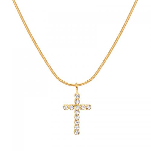Titanium Steel Necklace with 5cm extender chain Cross Vacuum Ion Plating fashion jewelry & for woman & with rhinestone golden nickel lead & cadmium free Length Approx 40 cm Sold By PC
