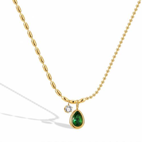 Titanium Steel Necklace, with Cubic Zirconia, with 5cm extender chain, Teardrop, Vacuum Ion Plating, fashion jewelry & for woman, green, nickel, lead & cadmium free, 6x8mm, Length:Approx 45 cm, Sold By PC