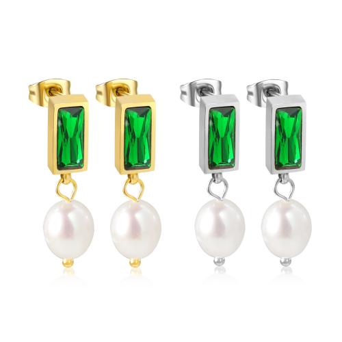 Stainless Steel Drop Earring, 304 Stainless Steel, with Plastic Pearl, Vacuum Ion Plating, fashion jewelry & for woman & with rhinestone, more colors for choice, Sold By Pair