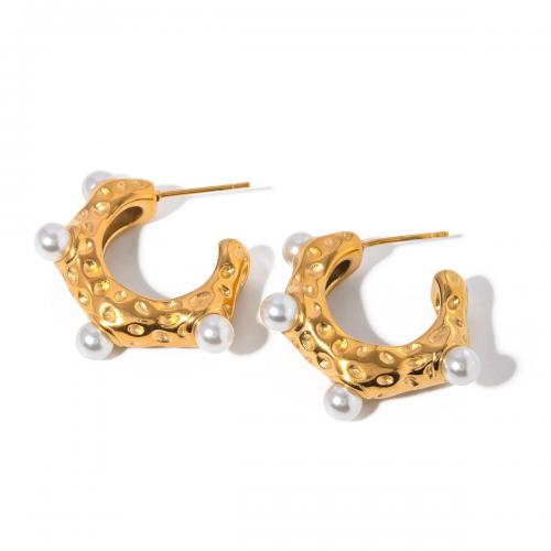Boucle d'oreille Acier Titane, avec Shell Pearl, Plaqué or 18K, bijoux de mode & pour femme, doré, 32.50x7.20mm, Vendu par paire