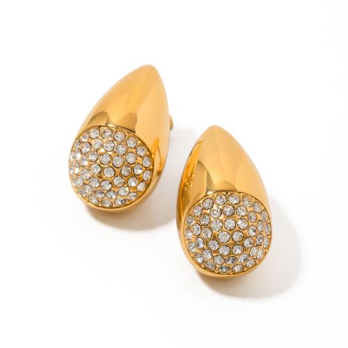 Titanium Steel  Earring, 18K gold plated, fashion jewelry & for woman & with rhinestone, golden, 27x15.10mm, Sold By Pair