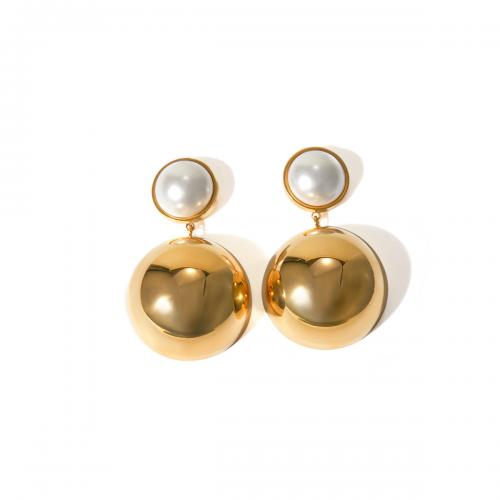 Titanium Steel  Earring, with Plastic Pearl, 18K gold plated, fashion jewelry & for woman, golden, Sold By Pair