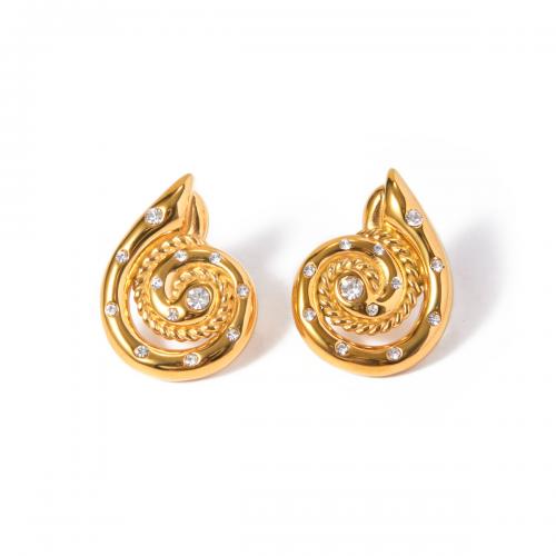 Titanium Steel  Earring, 18K gold plated, fashion jewelry & for woman & with rhinestone, golden, 22x29mm, Sold By Pair