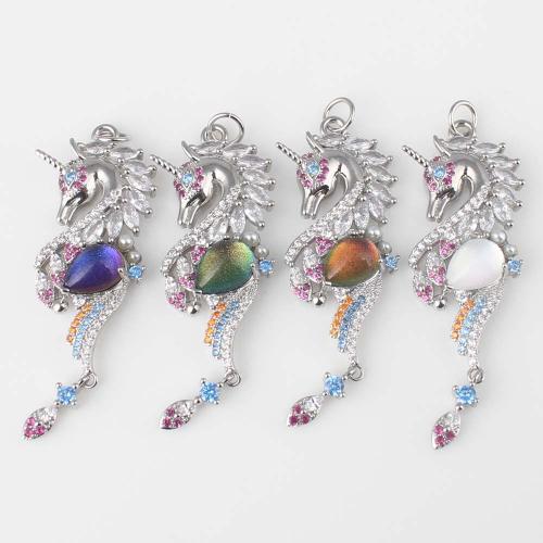 Cubic Zirconia Micro Pave Brass Pendant, with Glass, Unicorn, silver color plated, DIY & micro pave cubic zirconia, more colors for choice, nickel, lead & cadmium free, 36.10x15.30x5.30mm, Sold By PC