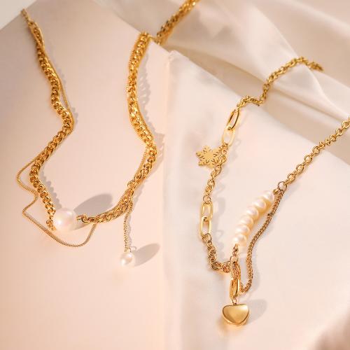 Titanstahl Halskette, mit ABS-Kunststoff-Perlen, plattiert, Modeschmuck & verschiedene Muster für Wahl, goldfarben, verkauft von PC