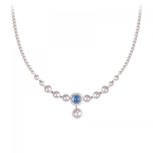925 Sterling Silver Necklaces, with Aquamarine & Plastic Pearl, with 5CM extender chain, polished, for woman, silver color, Length:Approx 40 cm, Sold By PC