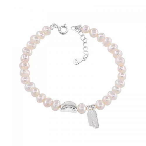 925 Sterling Silver Bangle Bracelet, with Freshwater Pearl, with 5CM extender chain, polished, for woman, silver color, Length:Approx 15 cm, Sold By PC