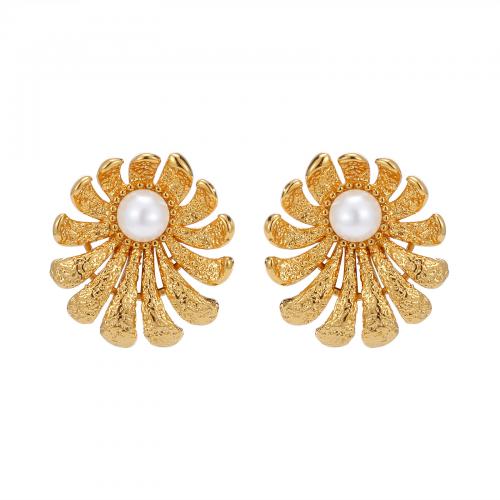 Brass Stud Earring with Plastic Pearl Flower fashion jewelry & for woman nickel lead & cadmium free Sold By Pair