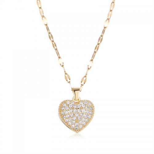 Stainless Steel Jewelry Necklace 304 Stainless Steel with Plastic Pearl Heart 18K gold plated fashion jewelry & for woman & with rhinestone nickel lead & cadmium free Length Approx 45 cm Sold By PC