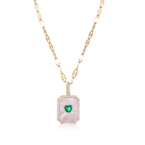 Stainless Steel Jewelry Necklace, 304 Stainless Steel, with Emerald & Shell, 18K gold plated, fashion jewelry & for woman & with rhinestone, nickel, lead & cadmium free, Length:Approx 45 cm, Sold By PC