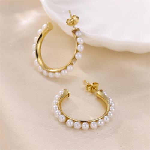 Stainless Steel Stud Earrings 304 Stainless Steel with Plastic Pearl 18K gold plated fashion jewelry & for woman nickel lead & cadmium free Sold By Pair