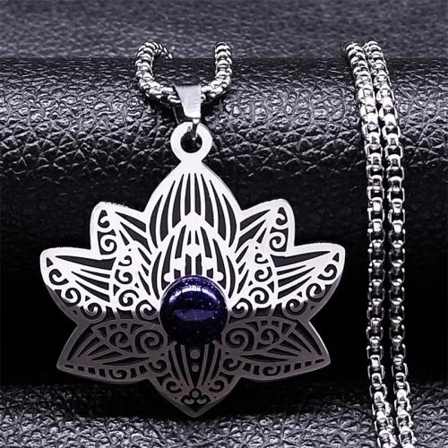 Stainless Steel Jewelry Necklace, 304 Stainless Steel, with Blue Sandstone, Lotus, polished, fashion jewelry & Unisex, silver color, 33x38mm, Length:Approx 50 cm, Sold By PC
