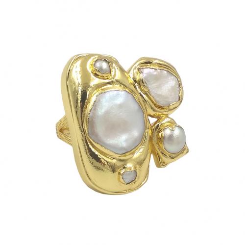 Brass δάχτυλο του δακτυλίου, Ορείχαλκος, με Μαργαριτάρι του γλυκού νερού, χρώμα επίχρυσο, Ρυθμιζόμενο & κοσμήματα μόδας & για άνδρες και γυναίκες, νικέλιο, μόλυβδο και κάδμιο ελεύθεροι, 32x36mm, Μέγεθος:7, Sold Με PC
