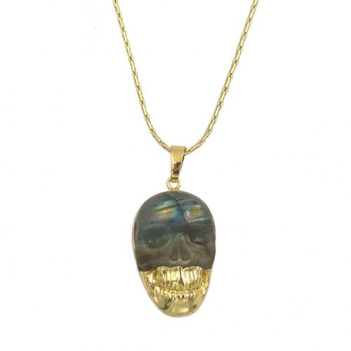 Brass Necklace, with Labradorite, with 2 inch extender chain, Skull, gold color plated, fashion jewelry & for woman, nickel, lead & cadmium free, 19x29mm, Length:Approx 18 Inch, Sold By PC