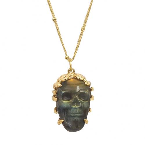 Brass Necklace with Labradorite with 2 inch extender chain Skull gold color plated fashion jewelry & for woman nickel lead & cadmium free Length Approx 18 Inch Sold By PC