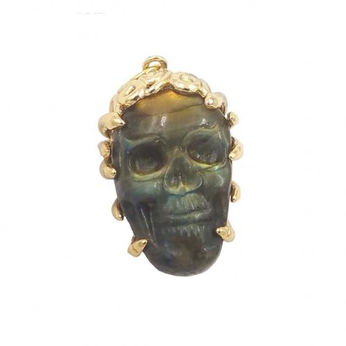 Mässing Smycken Hängen, med Labradorit, Skull, guldfärg pläterade, DIY, nickel, bly och kadmium gratis, 17x25mm, Säljs av PC