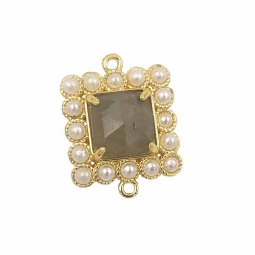 Brass Jewelry Connector, with Natural Stone & Plastic Pearl, Square, gold color plated, DIY & 1/1 loop, more colors for choice, nickel, lead & cadmium free, 16.50x16.50mm, Sold By PC