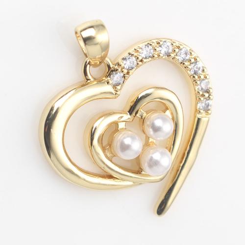 Cubic Zirconia Micro Pave Brass Pendant with Plastic Pearl Heart gold color plated DIY & micro pave cubic zirconia nickel lead & cadmium free Sold By PC