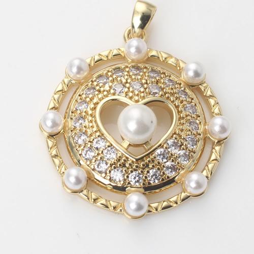 Cubic Zirconia Micro Pave Brass Pendant, with Plastic Pearl, Heart, gold color plated, DIY & micro pave cubic zirconia, nickel, lead & cadmium free, 26.60x24.30x8.20mm, Sold By PC