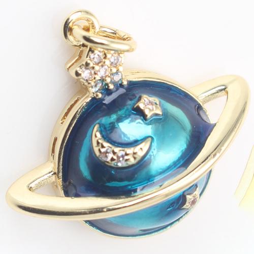 Cubic Zirconia Micro Pave Brass Pendant Round gold color plated DIY & micro pave cubic zirconia & enamel blue nickel lead & cadmium free Sold By PC