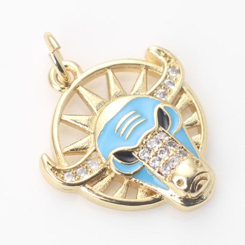 Cubic Zirconia Micro Pave Brass Pendant Bull gold color plated DIY & micro pave cubic zirconia & enamel blue nickel lead & cadmium free Sold By PC
