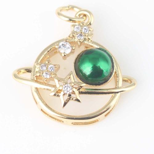 Cubic Zirconia Micro Pave Brass Pendant with Resin Round gold color plated DIY & micro pave cubic zirconia green nickel lead & cadmium free Sold By PC