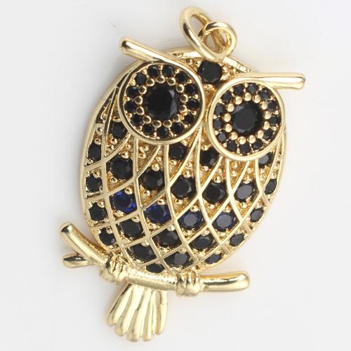 Cubic Zirconia Micro Pave Brass Pendant, Owl, gold color plated, DIY & micro pave cubic zirconia, black, nickel, lead & cadmium free, 28.30x16.30x4.60mm, Sold By PC