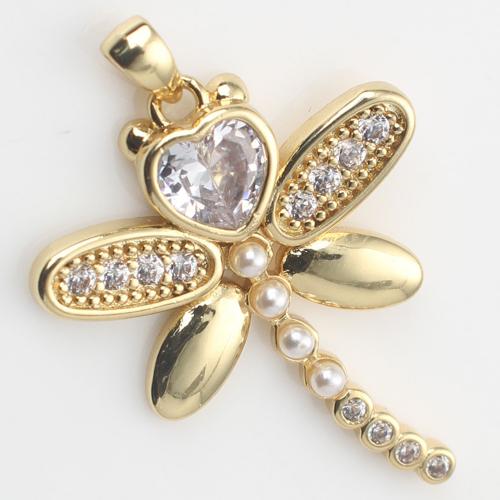 Cubic Zirconia Micro Pave Brass Pendant with Plastic Pearl Dragonfly gold color plated DIY & micro pave cubic zirconia nickel lead & cadmium free Sold By PC