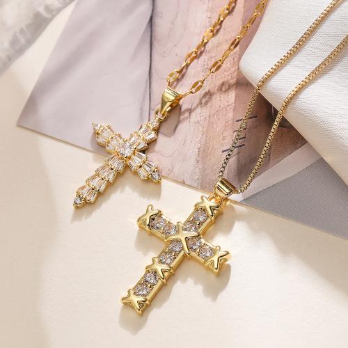 Cubic Zircon Micro Pave Brass Necklace, with 5cm extender chain, Cross, plated, fashion jewelry & different designs for choice & micro pave cubic zirconia, golden, nickel, lead & cadmium free, Length:45 cm, Sold By PC